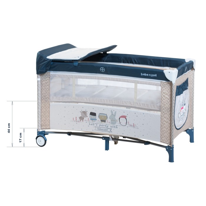 Patut Pliabil, Beberoyal, Little Friends, cu doua nivele, Saltea de Infasat, Geanta de Transport, Roti cu Sistem de Blocare, Fereastra Laterala, Spatiu lateral pt. Depozitare, 120x60cm, Albastru/Bej C [3]