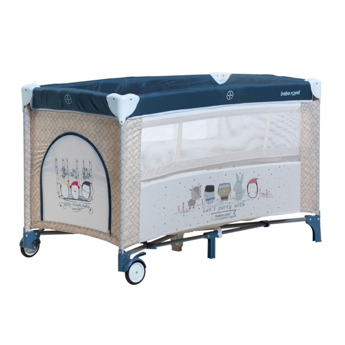 Patut Pliabil, Beberoyal, Little Friends, cu doua nivele, Saltea de Infasat, Geanta de Transport, Roti cu Sistem de Blocare, Fereastra Laterala, Spatiu lateral pt. Depozitare, 120x60cm, Albastru/Bej C [8]