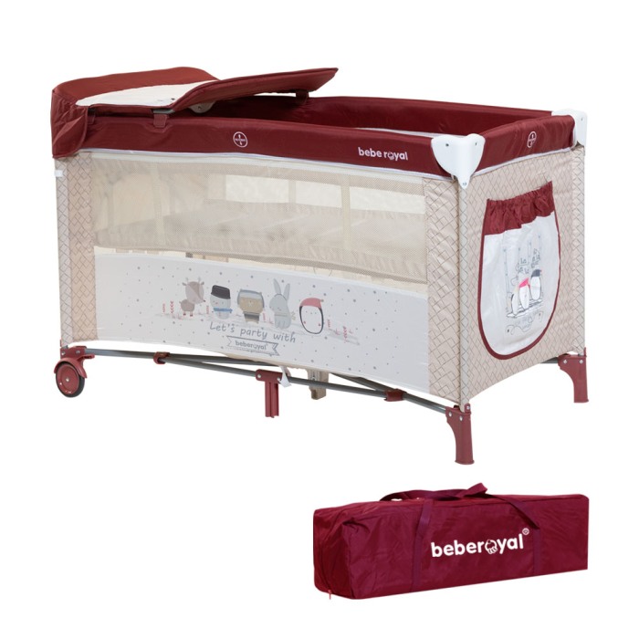 Patut Pliabil, Beberoyal, Little Friends, cu doua nivele, Saltea de Infasat, Geanta de Transport, Roti cu Sistem de Blocare, Fereastra Laterala, Spatiu lateral pt. Depozitare, 120x60cm, Grena/Bej Cod: [1]