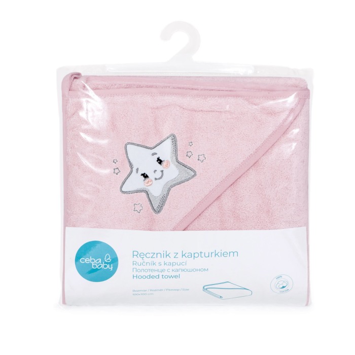​Prosop Baie cu Gluga Copii, 100%Bumbac, 460g/m2, Moale, Absorbant, Ceba Baby 100x100cm, stea, roz, 815-302-631 [3]