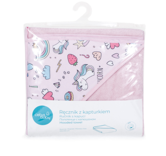 Prosop Baie cu Gluga Copii, 100%Bumbac, 460g/m2, Moale, Absorbant, Ceba Baby 100x100cm, unicorn printat, roz, 815-111-579 [2]