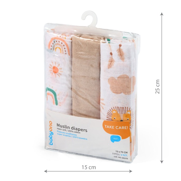 Scutece muselina super soft, set 3 bucati, 100% bumbac, 70x70 cm, Babyono, 348/08 [3]