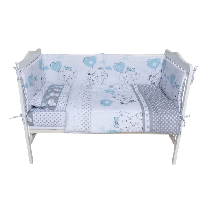 Set lenjerie bumbac 5 piese pentru saltea de 120 x 60 cm, Love Elephants Blue, Beberoyal, LJ-005-101 [2]