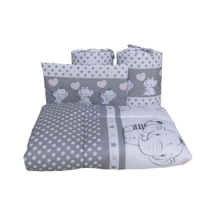 Set lenjerie bumbac 5 piese pentru saltea de 120 x 60 cm, Love Elephants Roz, Beberoyal, LJ-005-102 [4]
