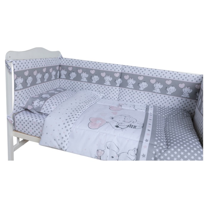 Set lenjerie bumbac cu baldachin 6 piese pentru saltea de 120 x 60 cm, Love Elephants Roz, Beberoyal, LJ-006-102 [3]