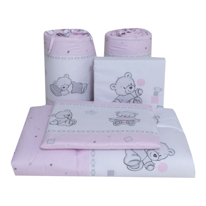 Set lenjerie bumbac cu baldachin 8 piese pentru saltea de 120 x 60 cm, Bears&Toys Roz, Beberoyal, LJ-008-109 [2]