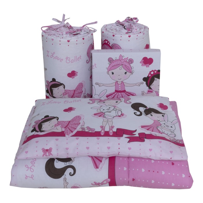 Set lenjerie bumbac cu baldachin 8 piese pentru saltea de 120 x 60 cm, Dancing Girls Roz, Beberoyal, LJ-008-106 [3]