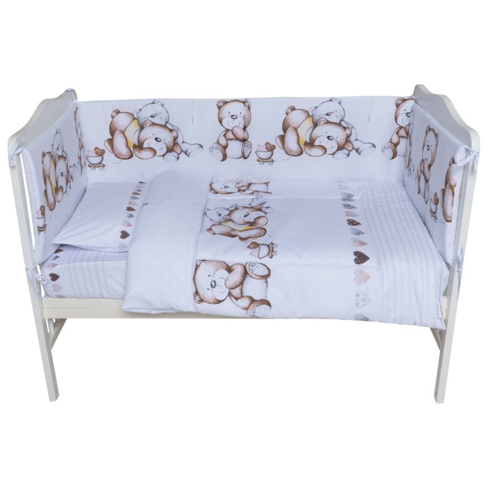 Set lenjerie bumbac cu baldachin 8 piese pentru saltea de 120 x 60 cm, Teddy Bear&Hearts Alb, Beberoyal, LJ-008-108 [3]