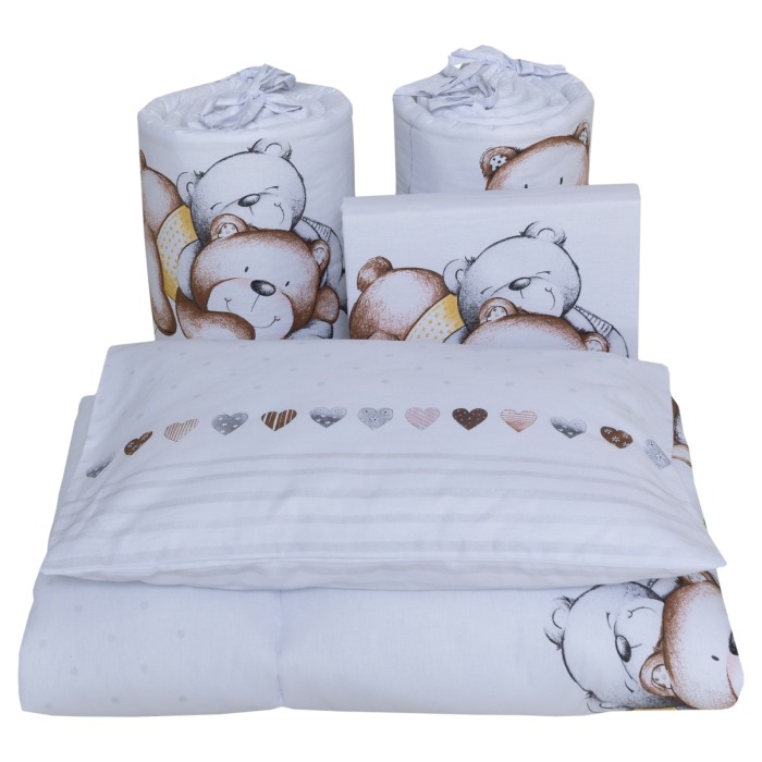 Set lenjerie bumbac cu baldachin 8 piese pentru saltea de 120 x 60 cm, Teddy Bear&Hearts Alb, Beberoyal, LJ-008-108 [2]