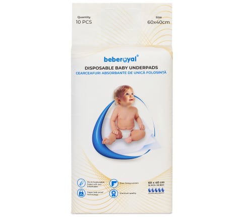 Scutece - Aleze Beberoyal Premium, 60 x 40 cm, 10 Bucăți - Impermeabile, Absorbție 1050ml, Fixare Autoadezivă, 6 straturi,