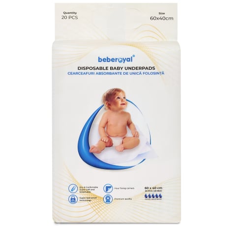 Scutece - Aleze Beberoyal Premium, 60 x 40 cm, 20 Bucăți - Impermeabile, Absorbție 1050ml, Fixare Autoadezivă, 6 straturi