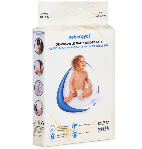 Scutece - Aleze Beberoyal Premium, 60 x 60 cm, 10 Bucăți - Impermeabile, Absorbție 1500ml, Fixare Autoadezivă, 6 straturi,