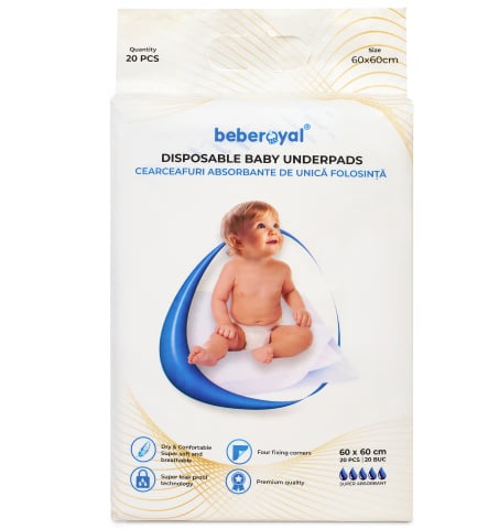 Scutece - Aleze Beberoyal Premium, 60 x 60 cm, 20 Bucăți - Impermeabile, Absorbție 1500ml, Fixare Autoadezivă, 6 straturi,