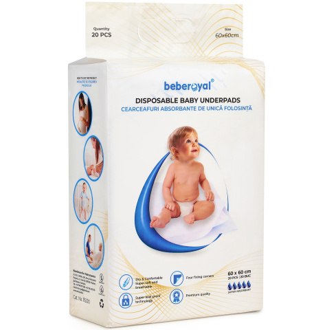 Aleze Beberoyal Premium, 60 x 60 cm, 20 Bucăți - Impermeabile, Absorbție 1500ml, Fixare Autoadezivă, 6 straturi, [2]