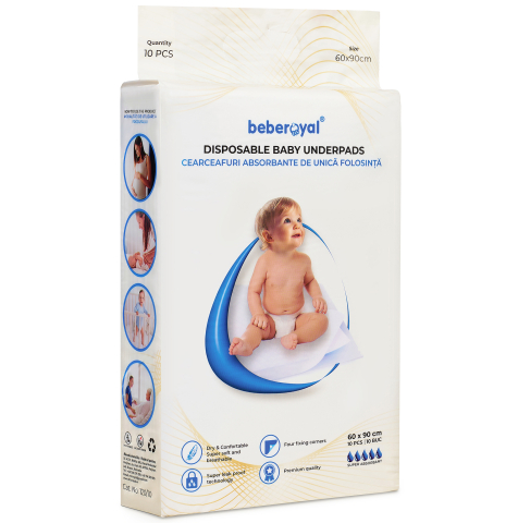 Aleze Beberoyal Premium, 60 x 90 cm, 10 Bucăți - Impermeabile, Absorbție 2300ml, Fixare Autoadezivă, 6 straturi [2]