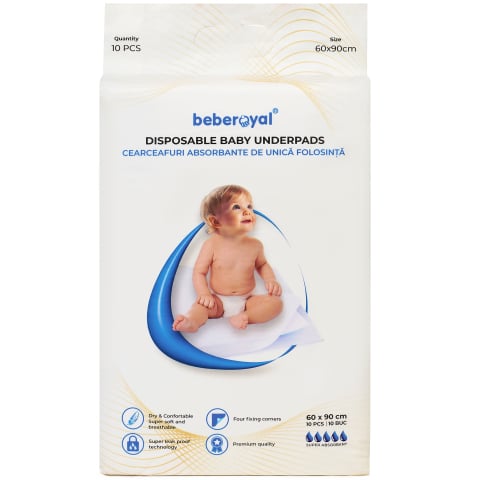 Scutece - Aleze Beberoyal Premium, 60 x 90 cm, 10 Bucăți - Impermeabile, Absorbție 2300ml, Fixare Autoadezivă, 6 straturi