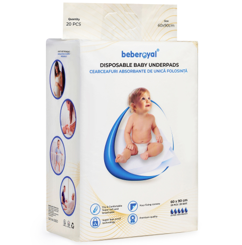 Aleze Beberoyal Premium, 60 x 90 cm, 20 Bucăți - Impermeabile, Absorbție 2300ml, Fixare Autoadezivă, 6 straturi, [5]