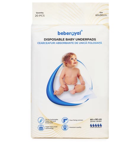 Scutece - Aleze Beberoyal Premium, 60 x 90 cm, 20 Bucăți - Impermeabile, Absorbție 2300ml, Fixare Autoadezivă, 6 straturi,