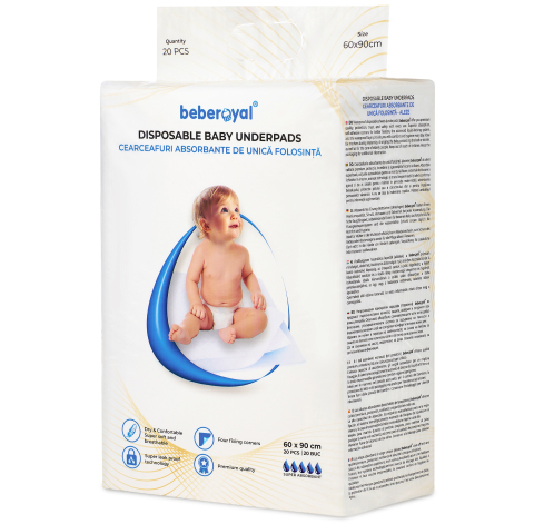 Aleze Beberoyal Premium, 60 x 90 cm, 20 Bucăți - Impermeabile, Absorbție 2300ml, Fixare Autoadezivă, 6 straturi, [3]