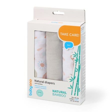 Scutece bebe - Scutece muselina natural, set 3 bucati, 70%bambus si 30%bumbac, 70x70 cm, Babyono, 397/09