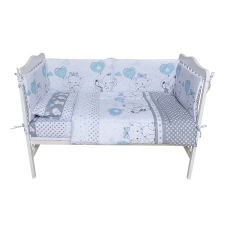 Set lenjerie bumbac cu baldachin 6 piese pentru saltea de 120 x 60 cm, Love Elephants Blue, Beberoyal, LJ-006-101 [1]