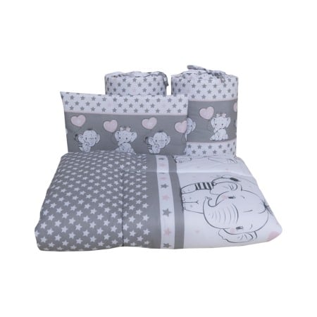 Set lenjerie bumbac cu baldachin 6 piese pentru saltea de 120 x 60 cm, Love Elephants Roz, Beberoyal, LJ-006-102 [3]