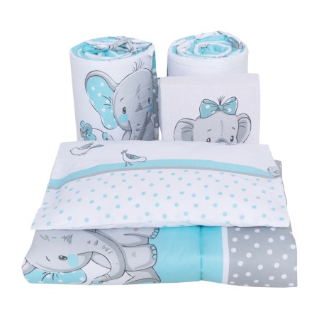 Set lenjerie bumbac cu baldachin 8 piese pentru saltea de 120 x 60 cm, Elefant&Birds Blue, Beberoyal, LJ-008-103 [1]