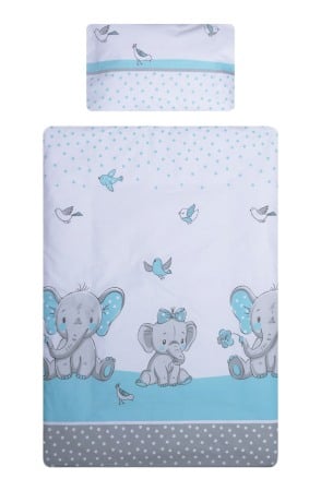Lenjerii si huse patut - Set lenjerie bumbac cu baldachin 8 piese pentru saltea de 120 x 60 cm, Elefant&Birds Blue, Beberoyal, LJ-008-103