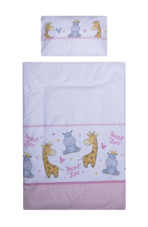 Lenjerii si huse patut - Set lenjerie bumbac cu baldachin 8 piese pentru saltea de 120 x 60 cm, Hippo&Giraffe Roz, Beberoyal, LJ-008-114