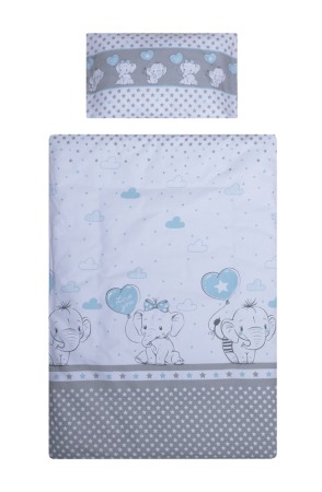 Lenjerii si huse patut - Set lenjerie bumbac cu baldachin 8 piese pentru saltea de 120 x 60 cm, Love Elephants Blue, Beberoyal, LJ-008-101