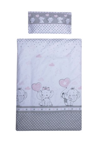 Lenjerii si huse patut - Set lenjerie bumbac cu bumbac 8 piese pentru saltea de 120 x 60 cm, Love Elephants Roz, Beberoyal, LJ-008-102