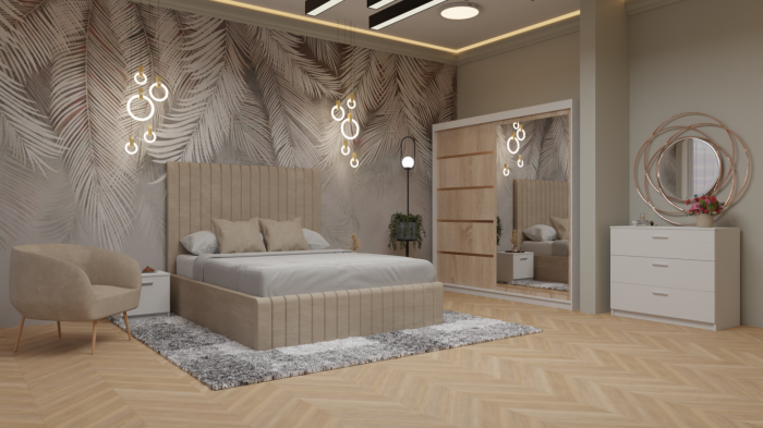 Dormitor Cairo Pat Tapitat Dressing 200x200 Alb&Sonoma cu Oglinda [2]