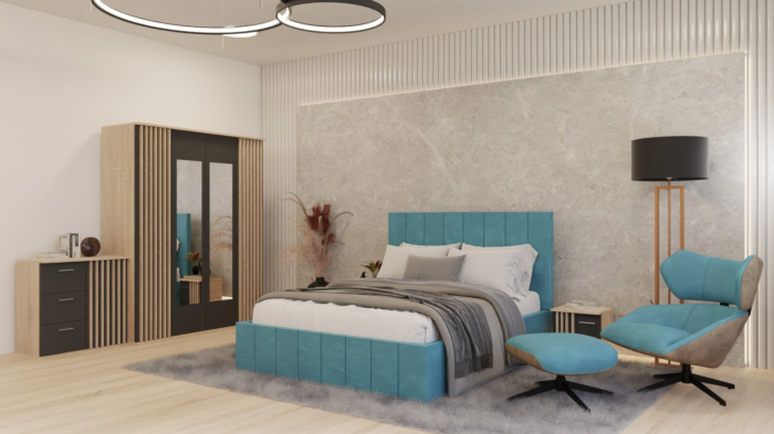 Dormitor Dallas cu Pat Nobless Tapițat Turcoaz [1]