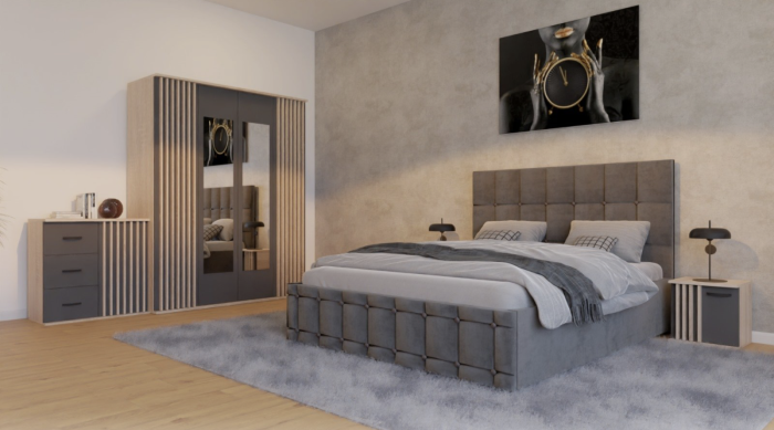 Dormitor Dallas Cu Pat Regal Tapitat Gri [2]