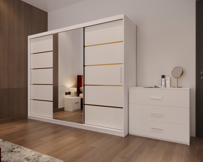 Dormitor LUX cu Pat Tapițat cu dulap 250x200 uși glisante Alb cu Oglinda, noptiere și comodă [4]