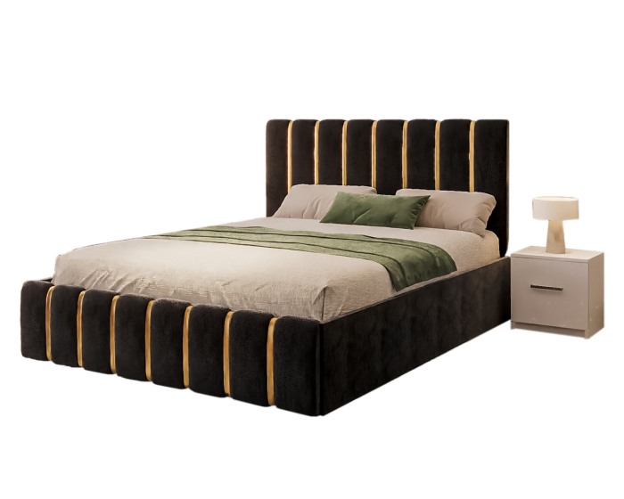 Dormitor LUX cu Pat Tapițat cu dulap 250x200 uși glisante Antracit cu Oglinda, noptiere și comodă [5]