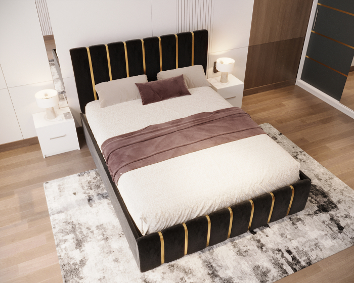 Dormitor LUX cu Pat Tapițat cu dulap 250x200 uși glisante Antracit cu Oglinda, noptiere și comodă [4]