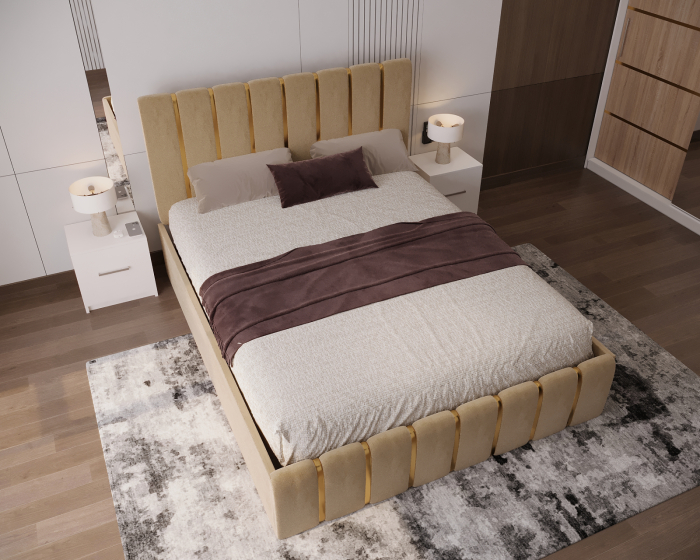 Dormitor LUX cu Pat Tapițat cu dulap 250x200 uși glisante Sonoma cu Oglinda, noptiere și comodă [3]