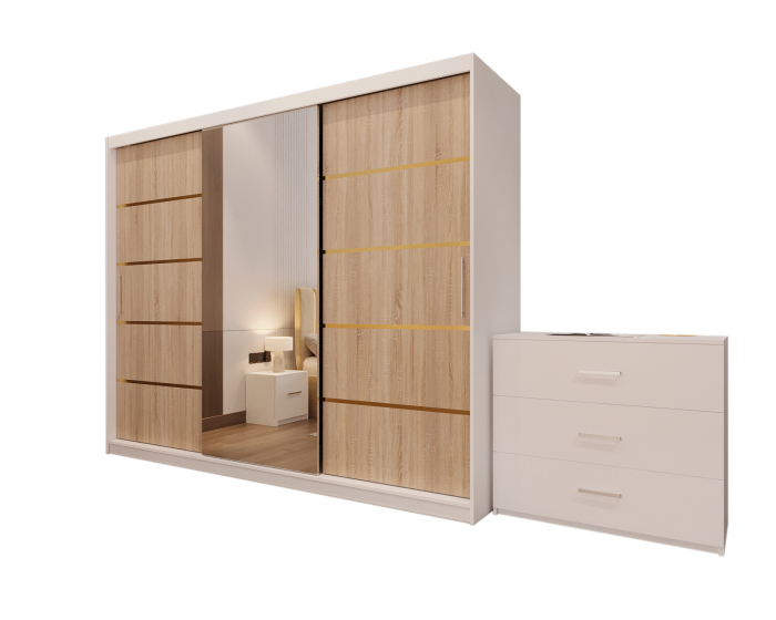 Dormitor LUX cu Pat Tapițat cu dulap 250x200 uși glisante Sonoma cu Oglinda, noptiere și comodă [7]