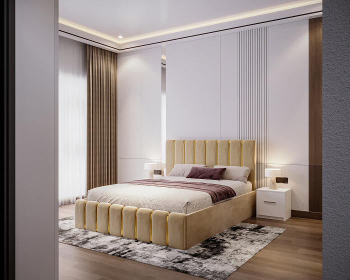 Dormitor LUX cu Pat Tapițat cu dulap 250x200 uși glisante Sonoma cu Oglinda, noptiere și comodă [2]