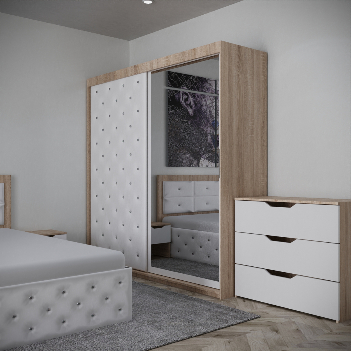 Dormitor Monticelli New Sonoma&Alb Tapitat 2 Usi cu Oglinda [4]