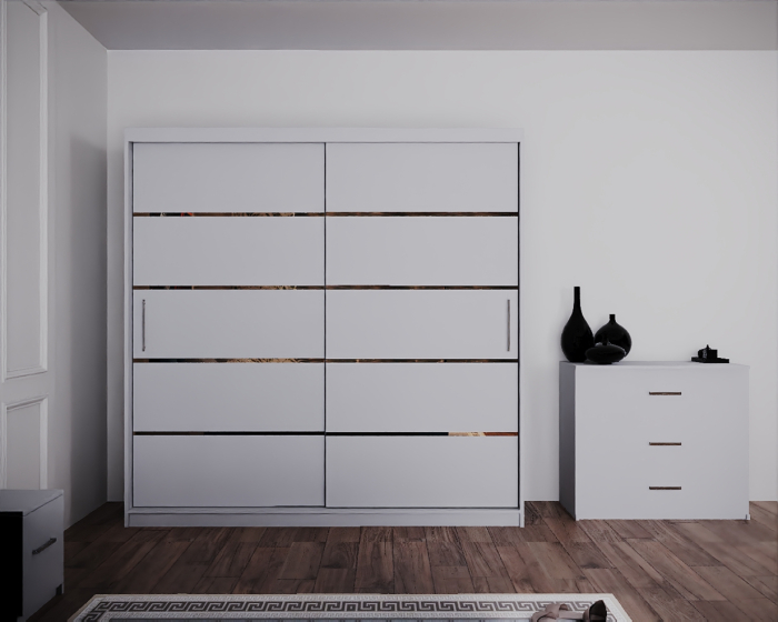 Dormitor Regal cu Pat Tapitat Stofa Albastra cu dulap 200*200 usi glisante Alb, noptiere si comoda [5]