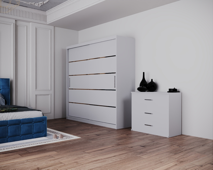 Dormitor Regal cu Pat Tapitat Stofa Albastra cu dulap 200*200 usi glisante Alb, noptiere si comoda [2]