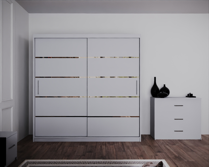 Dormitor Regal cu Pat Tapitat Stofa Bej cu dulap 200*200 usi glisante Alb, noptiere si comoda [3]