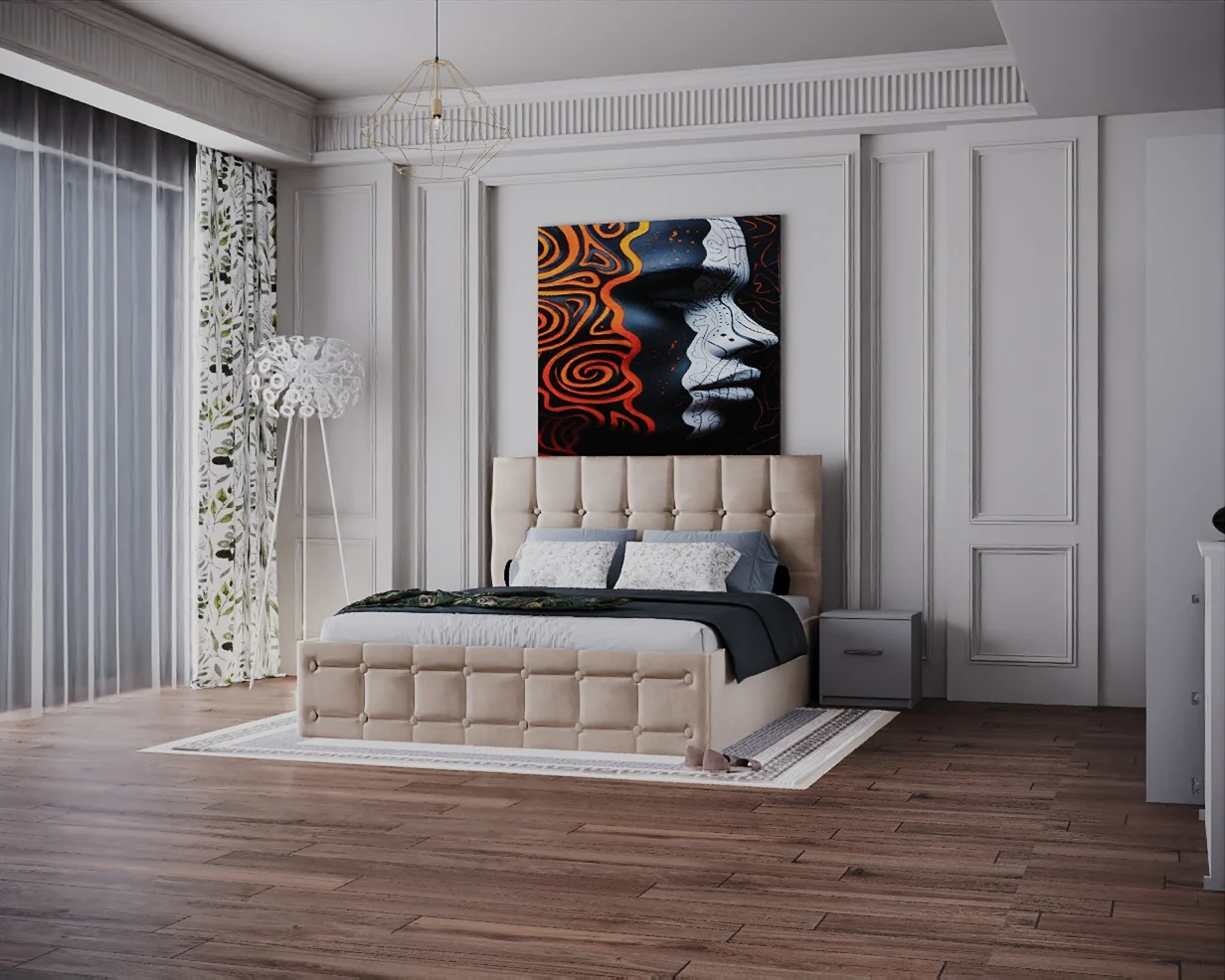 Dormitor Regal cu Pat Tapitat Stofa Bej cu dulap 200*200 usi glisante Alb, noptiere si comoda [3]