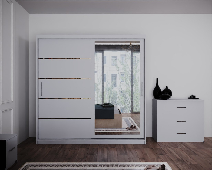 Dormitor Regal cu Pat Tapitat Stofa Bej cu dulap 200*200 usi glisante Alb, noptiere si comoda [4]