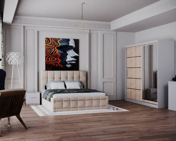 Dormitor Regal cu Pat Tapitat Stofa Bej cu dulap 200*200 usi glisante Sonoma&Alb cu Oglinda, noptiere si comoda [1]