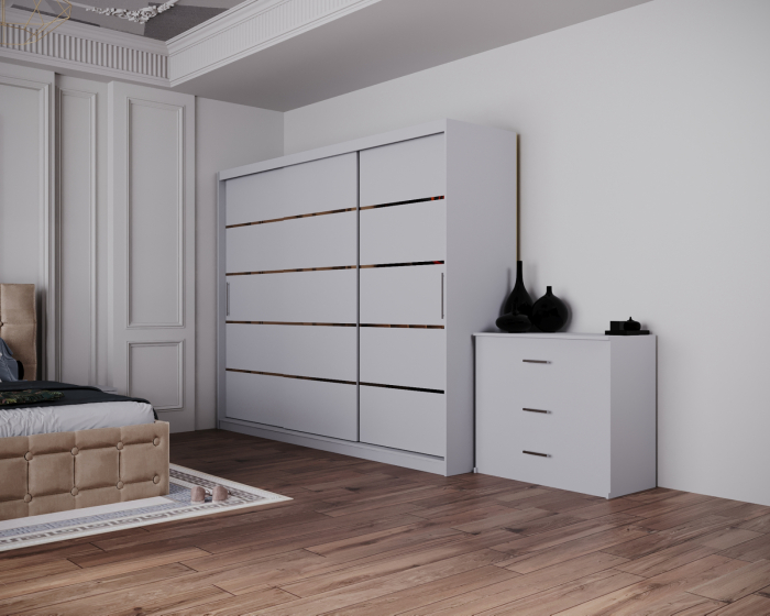 Dormitor Regal cu Pat Tapitat Stofa Bej cu dulap 250*200 usi glisante Alb, noptiere si comoda [2]