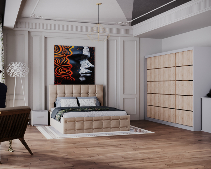 Dormitor Regal cu Pat Tapitat Stofa Bej cu dulap 250*200 usi glisante Sonoma&Alb, noptiere si comoda [1]
