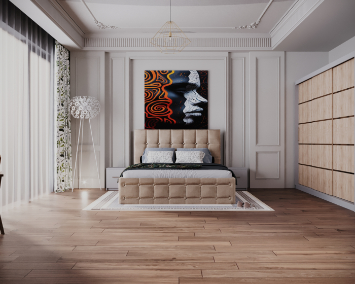 Dormitor Regal cu Pat Tapitat Stofa Bej cu dulap 250*200 usi glisante Sonoma&Alb, noptiere si comoda [2]